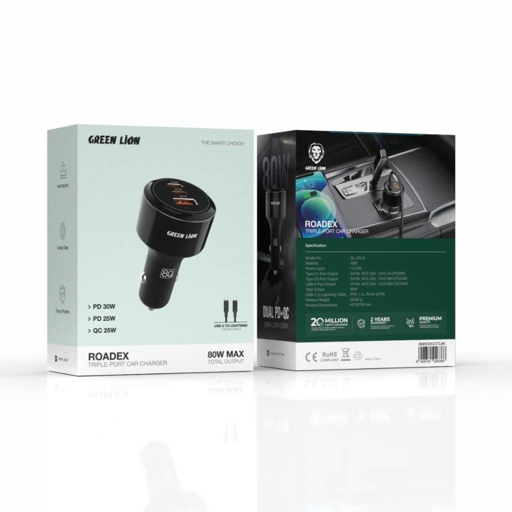 1783604474_544492615_GNRODXCCTLBK_1783603.jpg Green Lion Roadex Triple Port Car Charger 80W With C to L 1m Cable - Image 1